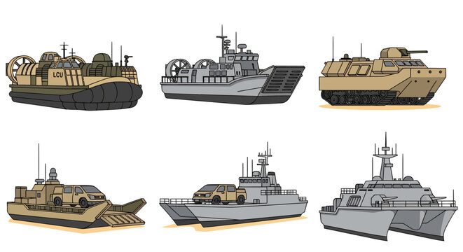 A set of six illustrations depicting various military vessels including hovercraft amphibious vehicles and ships