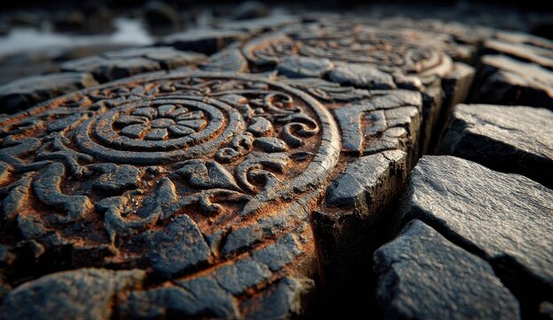 Intricate stone carvings on a weathered, rocky surface