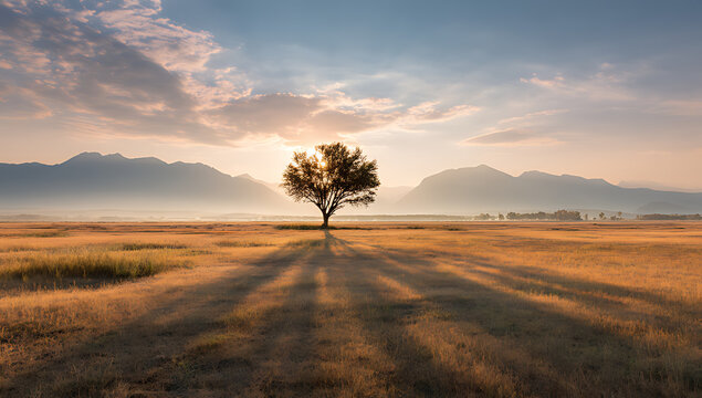 A serene sunrise over an open field with the sunset