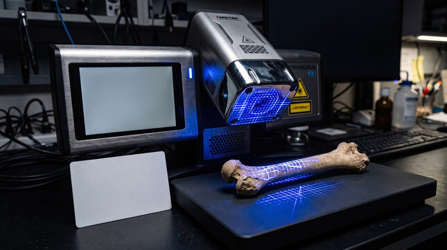 3D scanner analyzing ancient bone artifact in forensic laboratory for digital reconstruction and study.
