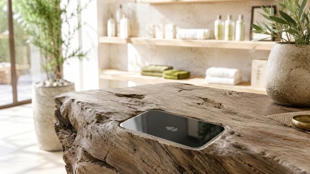 Contactless payment terminal on a rustic wooden counter in a spa store photo