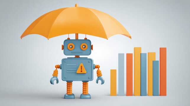 Innovative robot holding an umbrella to shield investments in a smart portfolio management concept illustration