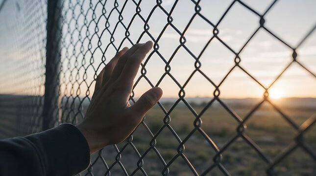 Hand gently touching wire chain link border fence against sunset sky highlighting human yearning, freedom restriction, and border division