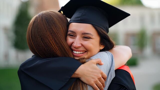 Joyful female graduates embracing at university campus celebration