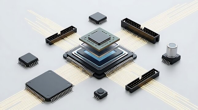 Autosar technology conceptual illustration featuring a central microprocessor chip assembly with integrated electronic components for modern automotive systems