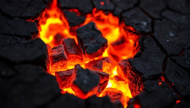 Intense glowing embers radiating heat within deep cracks of dark charred coal texture