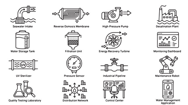 Desalination plant icons set, water treatment and purification process symbols, industrial reverse osmosis and filtration system vector illustrations