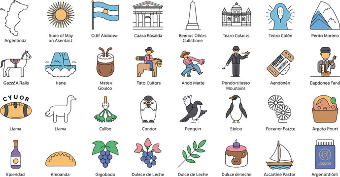Argentina Country Icon Set Flat Design Vector Collection Landmark Culture Food Wildlife Symbol with Text Labels Travel Tourism