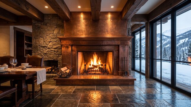 Luxury Mountain Lodge Interior with Copper Fireplace and Snowy Mountain View
