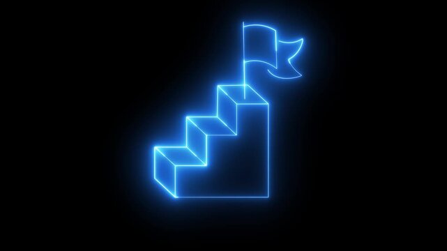 Glowing neon Success stairs sign with flag icon animation  Towards Success flag, Success flag animation on grid background. Glowing neon animation of climbing stairs