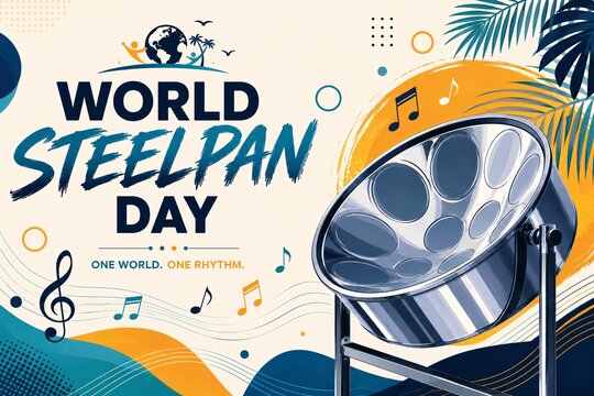 World steelpan day event graphic with tropical elements and music notes