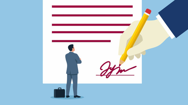 Businessman observing a hand signing a legal document or contract