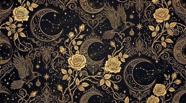 Golden Raven And Moon Seamless Pattern With Ornate Candlelight Stars Roses Keys And Crystals Mystical Gothic Design