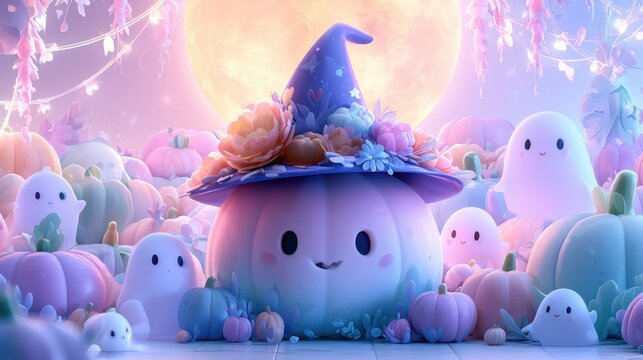 Cute pastel Halloween scene with friendly ghosts and pumpkins