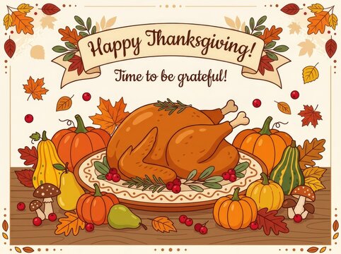 Festive thanksgiving greeting card illustration featuring a roasted turkey surrounded by autumn pumpkins and colorful leaves