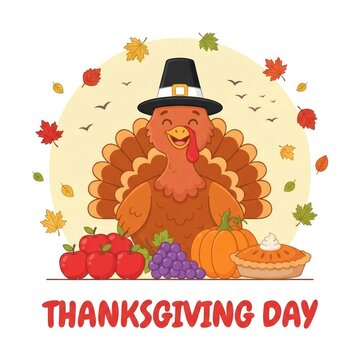 Cute cartoon turkey wearing a pilgrim hat celebrating thanksgiving day with autumn harvest fruits and pie