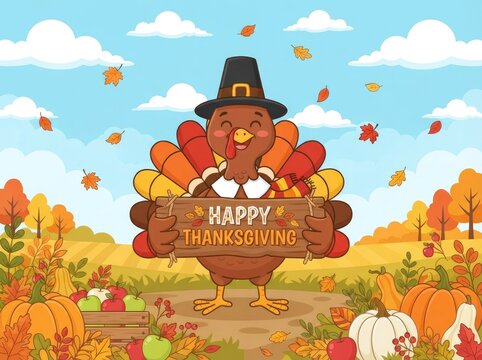 Happy thanksgiving greeting card illustration featuring a cute cartoon turkey wearing a pilgrim hat in autumn