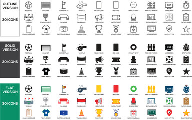 Football and Soccer Icon Set – 30 Icons in Outline, Solid and Flat Vector Styles © Jewel