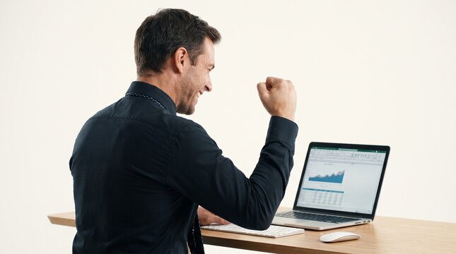 Excited Businessman Cheering in Front of Laptop, Corporate Victory and Career Success Concept Photo