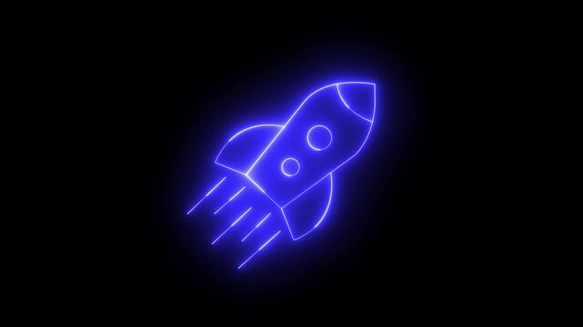 Rocket flying on sky neon line icon animation. simple rocket flying concept 4k video,  looped flight animation. Spacecraft flight, space technology, startup launch, business boost.