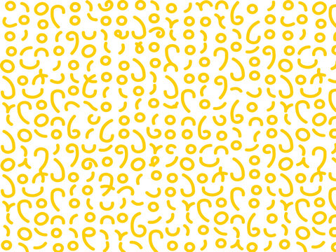Seamless pattern of playful handwritten numbers and doodles in bright yellow on a clean white background for cheerful designs