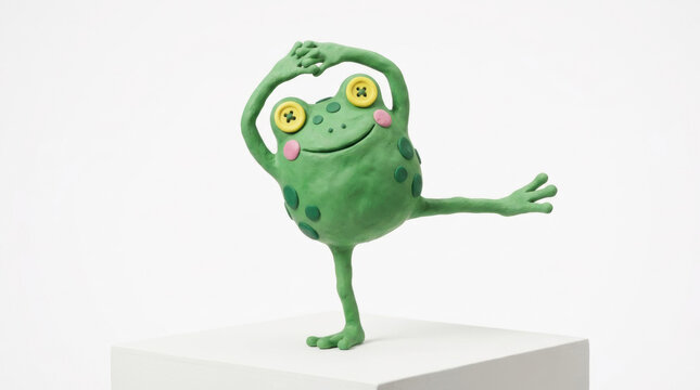 Cute 3D Clay Frog Character Balancing Pose with Big Eyes, Stop Motion Cartoon Style Illustration