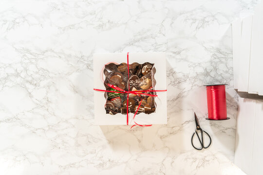 Wrapping a Christmas Cookie Gift Box with Ribbon