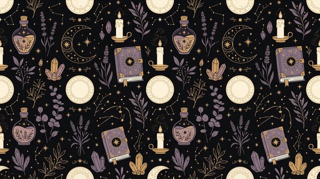Mystical Magic Seamless Pattern With Grimoire Moon Crystals Potion Bottles And Golden Celestial Symbols On Purple Background