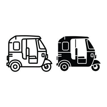 Black and white auto rickshaw vector illustration. Minimalist tuk-tuk taxi line art for urban transport design.