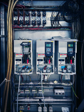 Complex electrical panel setup. Sophisticated machinery control with monitoring features