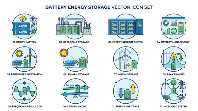 Set of Battery Energy Storage Vector Icons Illustrating Industrial Renewable Power Management and Grid Infrastructure Concepts