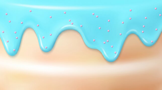 Close-up horizontal background of a delicious cake or donut with glossy light blue glaze dripping down and topped with colorful sprinkles.
