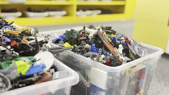 Plastic bins filled with assorted building toy pieces in a classroom or playroom, with blurred shelves in the background
