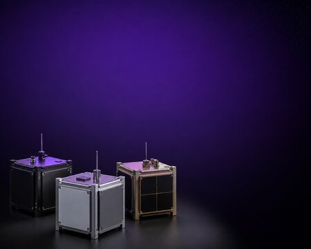 High-tech studio product photography of three diverse CubeSats poised against a starry purple backdrop, symbolizing innovation in low Earth orbit communication and research.