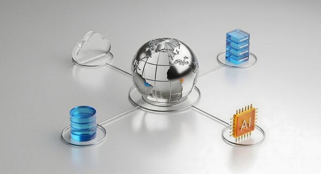 Digital globe connected to cloud storage, database, server, and processor in a conceptual tech network