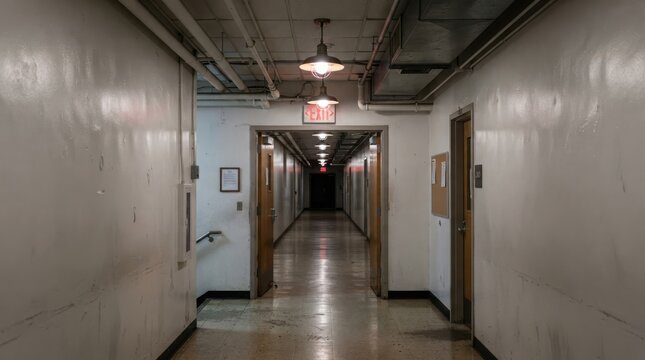 Long dimly lit hallway in an old building with overhead lights and exit sign