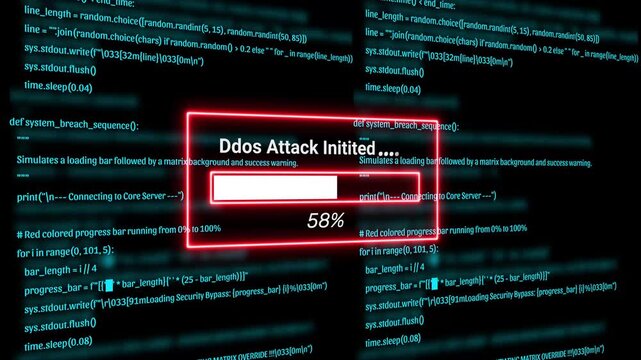  Cyber Security Hacker Terminal with Ddos attack instituted Alert and Matrix Code Background Motion Graphics