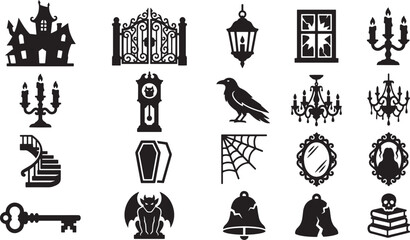 Fototapeta premium Haunted house and spooky gothic horror vector icons set, mansion, iron gate, raven, grandfather clock, chandelier, and eerie symbols in solid black glyph style