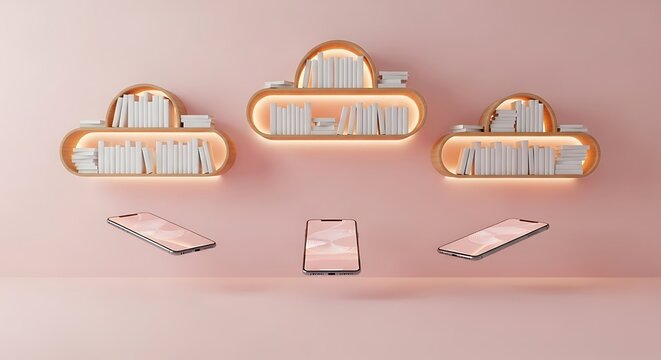 Digital cloud library with books and floating smartphones