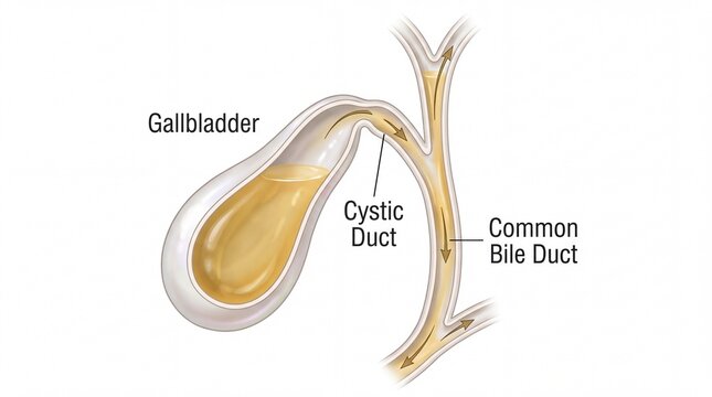 Anatomical illustration of the human gallbladder with the cystic duct and common bile duct labeled.