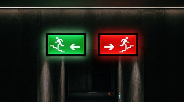 Illuminated green and red emergency exit signs in dark concrete corridor