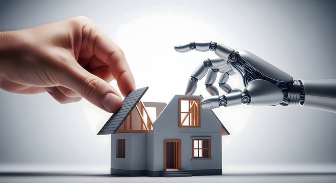A human hand and a robotic hand build a miniature house model together.