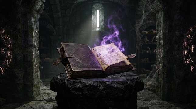 Ancient Arcane Spell Book Floating Open on Obsidian Pedestal with Purple Magical Smoke Inside Forgotten Black Magic Chamber and Gothic Stone Sanctuary