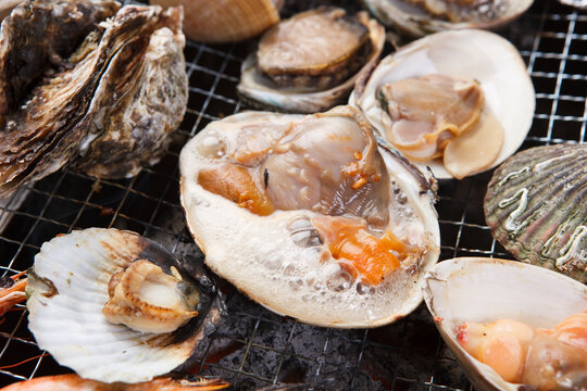 Fresh clams and oysters grilling close-up