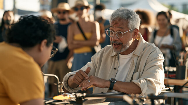Glassblower in a vibrant artisan market hall surrounded by a multicultural crowd of onlookers and fellow makers, he pauses mid blow to speak quietly with a counselor seated beside his bench, the sce