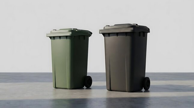 Two modern plastic garbage containers standing side by side against a clean background representing professional waterproof bin designs for waste management