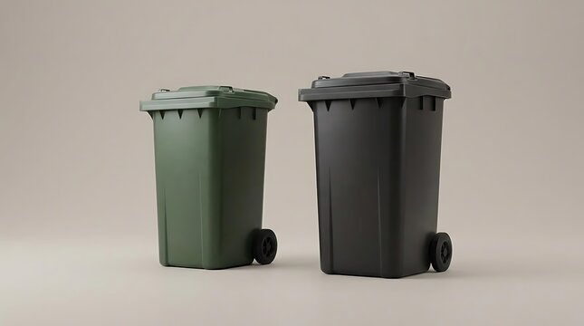A studio shot of two durable wheelie bins in olive and charcoal grey, showcasing modern waterproof bin designs for efficient household waste management.