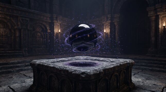 Ancient Floating Black Obsidian Orb with Arcane Energy Above Stone Ritual Altar Inside Forgotten Gothic Temple for Occult and Dark Fantasy Concepts