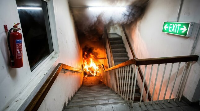 Smoke and fire in a building stairwell near an emergency exit sign and extinguisher