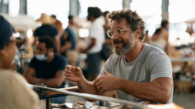 Glassblower in a vibrant artisan market hall surrounded by a multicultural crowd of onlookers and fellow makers, he pauses mid blow to speak quietly with a counselor seated beside his bench, the sce